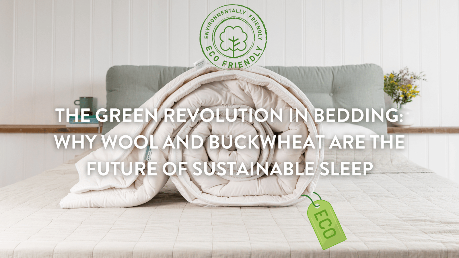Rolled up eco friendly Putnams white duvet on a bed