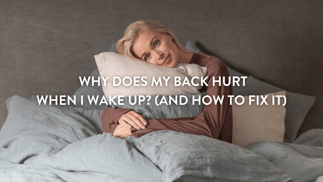 Person sitting on a bed hugging a Putnams pillow to help them from suffering from back pain