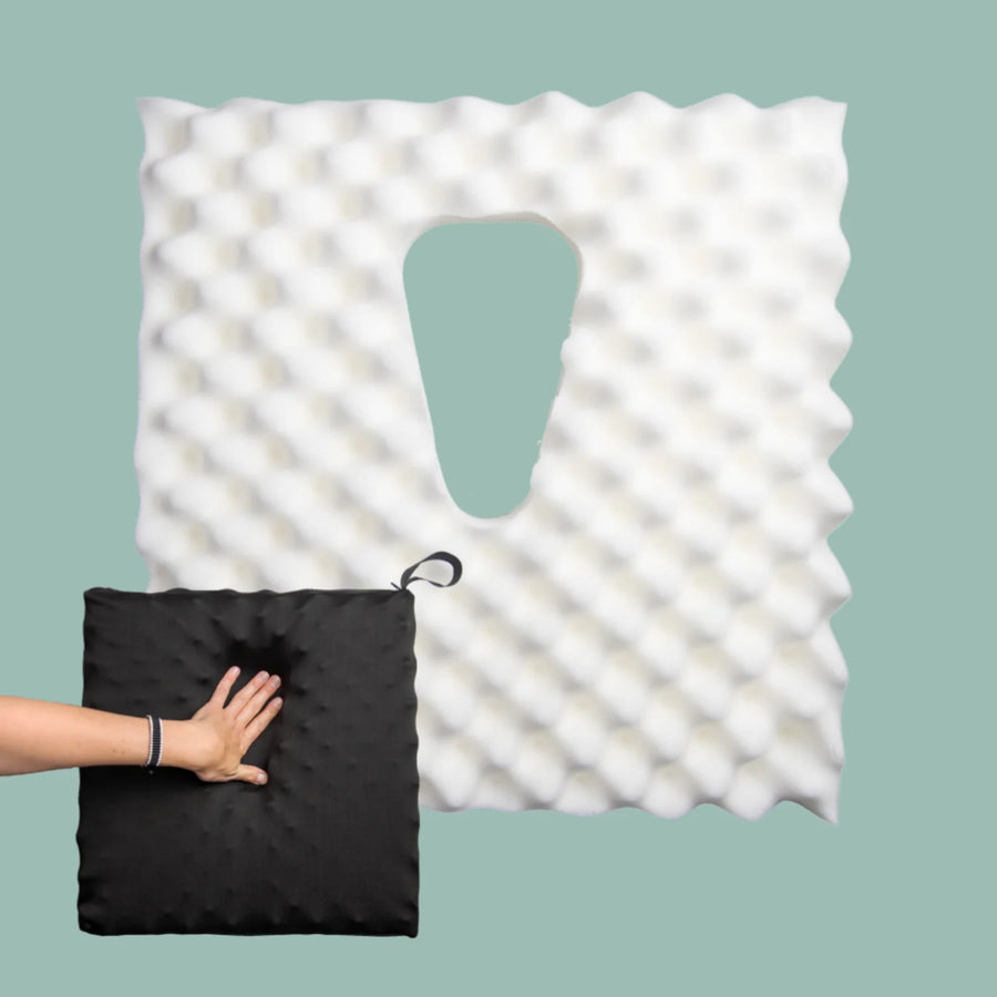Catheter Cushion with cut out and discreet cover. High density foam handmade in the UK with a 2 year guarantee. Different sizes and colours available.
