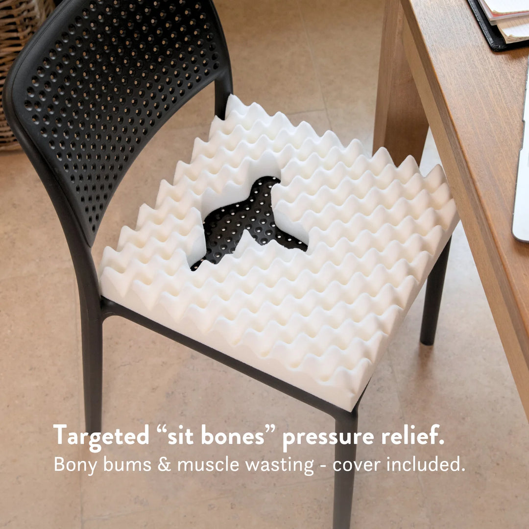 Bonyparts Sero Pressure Cushion - muscle wasting bony bums weight loss. For Office, dining room, car, sofa and arm chairs. Handmade in the UK with a 2 year guarantee. Cover included. High density foam.