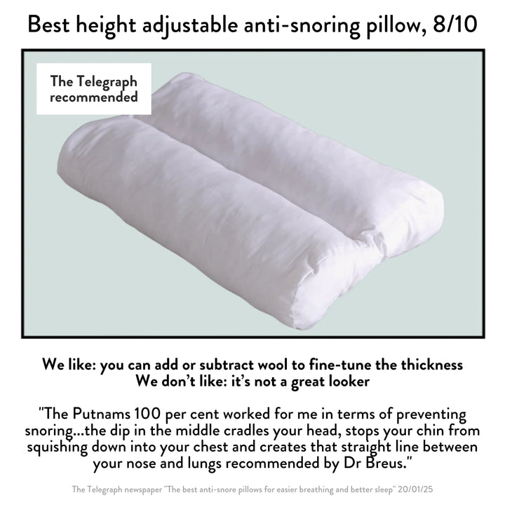 Telegraph recommended best height adjustable anti-snoring pillow British Wool Contour Pillow - Natural, Anti-Allergy, Luxury Putnams Chemical free UK Best Wool pillow 100% cotton OEKO tex standard 100 handmade in the UK
