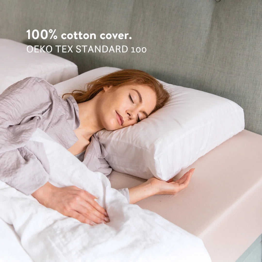 British wool height adjustable pillow with a 100% cotton cover. This pillow OEKO TEX STANDARD 100 filling and cover.