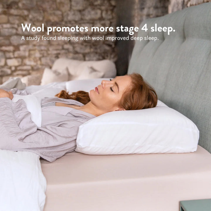 Wool pillow promoting deeper sleep materials and fabric.