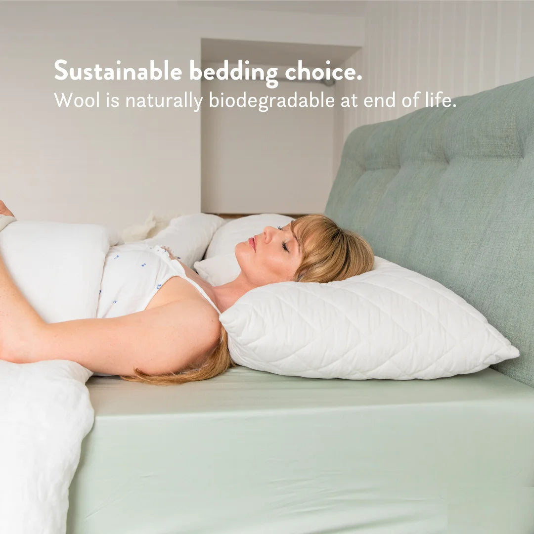 Sustainable bedding choice. Biodegradable bedding. Height adjustable. Quilted British Wool Pillow with a 100% cotton cover handmade in the UK from traceable British wool. OEKO-TEX standard 100.