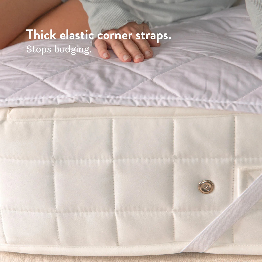 100% Cotton & British Wool Washable Mattress Protector handmade in the UK traceable ethical wool natural materials machine wash thick elastic corner straps