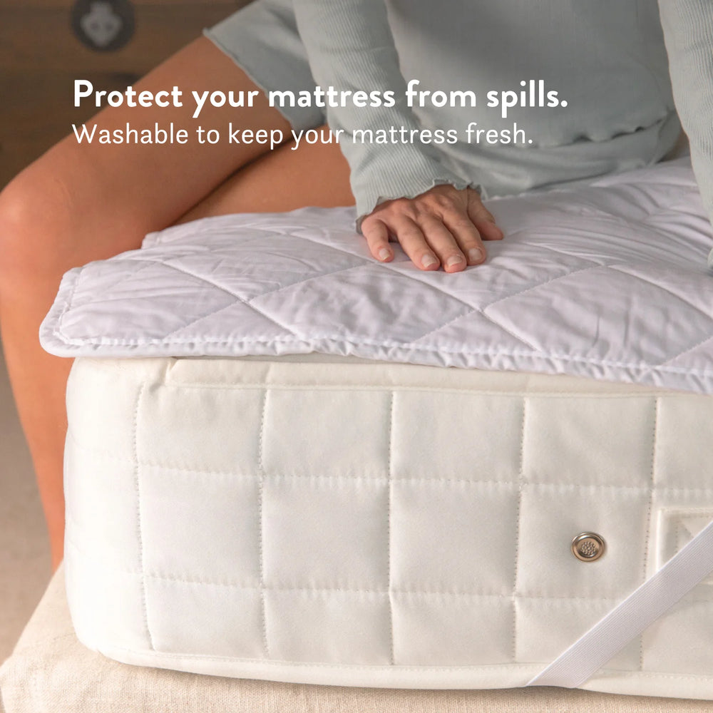 100% Cotton & British Wool Washable Mattress Protector handmade in the UK traceable ethical wool natural materials machine wash protects mattress from spills