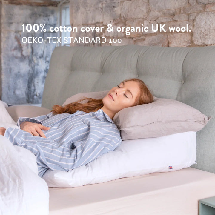 British Wool Bed Wedge Pillow with a 100% cotton cover & organic UK wool. OEKO-TEX standard 100. 