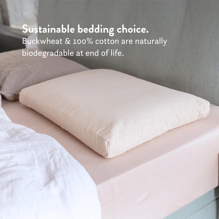 Sustainable bedding choice organic buckwheat filling 100% cotton naturally biodegradable at end of life.