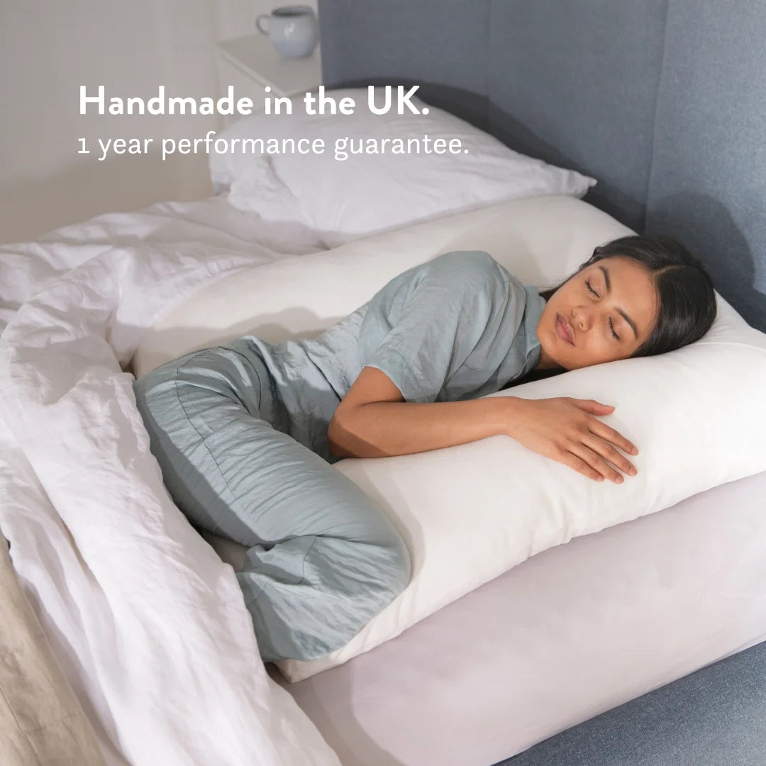 U shaped XL cuddle pillow for shoulder arm pain when side sleeping Putnams handmade in the UK