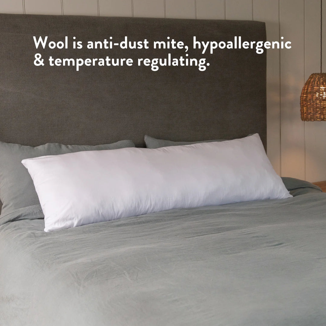 Wool Body Pillow - Side Sleep & Pregnancy 100% cotton cover. For hips, knee, shoulder and back pain. Natural materials. No plastics.