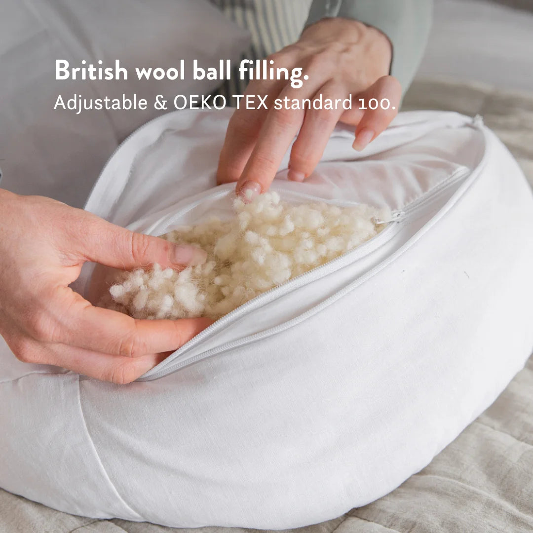 Organic, British wool ball filling pregnancy bump pillow for sleep. Adjustable & Oeko tex standard 100.
