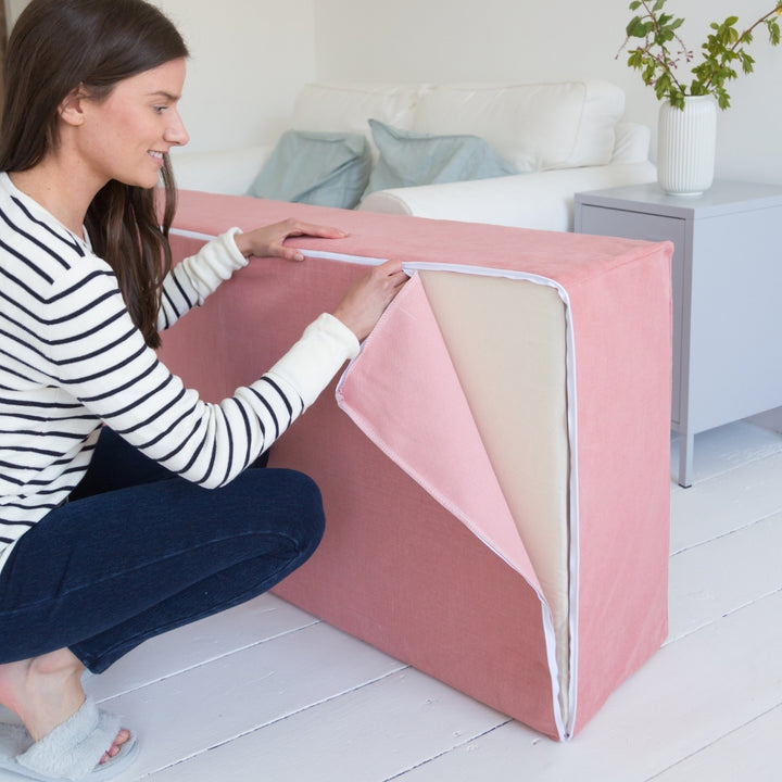 Linen Fold Out Bed / Footstool Putnams blue guest bed single double coral pink