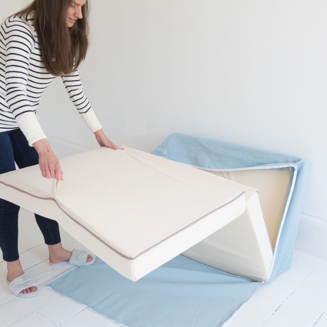 Linen Fold Out Bed / Footstool Putnams blue guest bed 